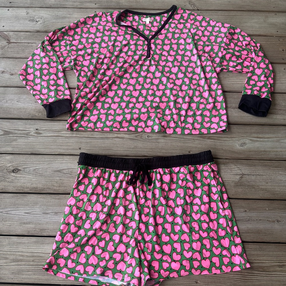 Beauty Sleep Social Women’s Pink Heart Print Pajama Set with Black Trim